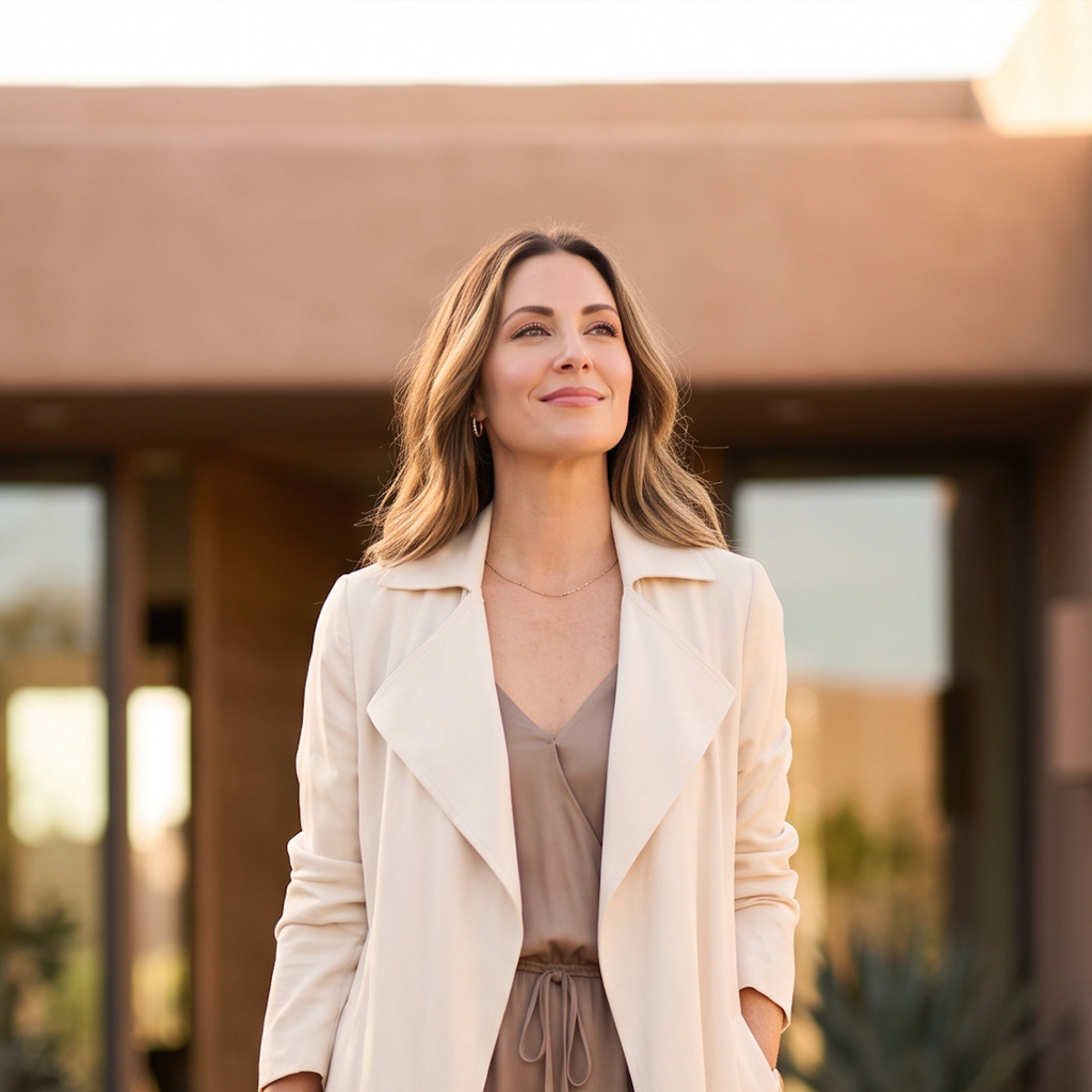 Confident woman in a cream jacket standing outside a desert-modern clinic at golden hour, representing personalized women's health and hormone care at Vitality Med Spa in Mesa and Scottsdale, Arizona